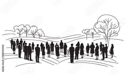 Abstract silhouette sketch black flat funeral crowd. Funeral ceremony