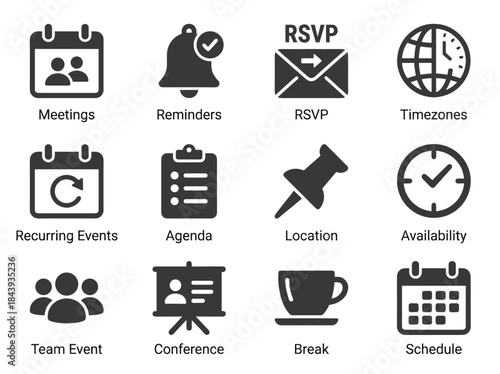 Collection of Business and Event Related Icons for Planning and Organization.