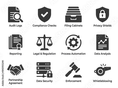 Collection of Business and Legal Icons Representing Corporate Processes and Security.