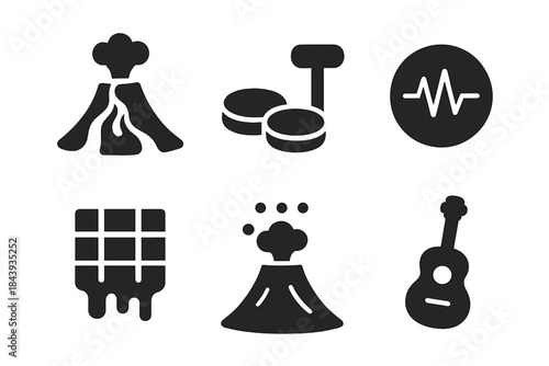 Volcanic Rhythm Icons. Solid style icons of volcanic rhythm tools: lava flows, percussion stones, pulse indicators, molten grids,