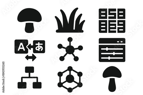 Biological Icon Set. Solid style icons of biological lexicon mapping: fungal icons, moss symbols, script grids, translation