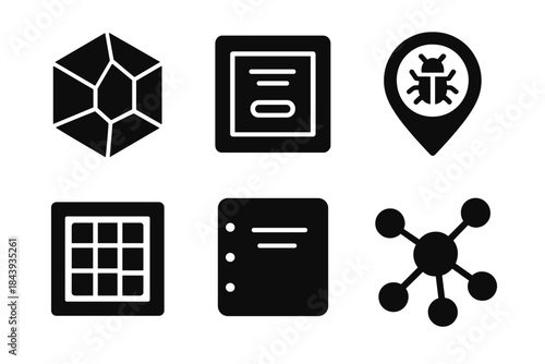 Faceted Preservation Icons. Solid style icons of faceted preservation interfaces: crystal cubes, archive panels, specimen markers,