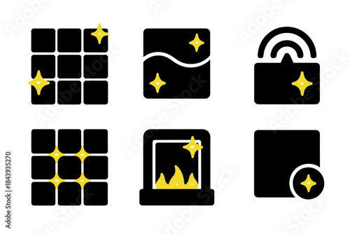 Luminous Tile Icons. Solid style icons of ceramic tiles with luminous accents: glowing tiles, reflective patterns, pulse