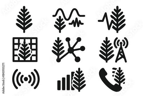 Fern Signal Icons. Solid style icons of fern-based signal processing: frond outlines, wave markers, pulse lines, leaf grids,