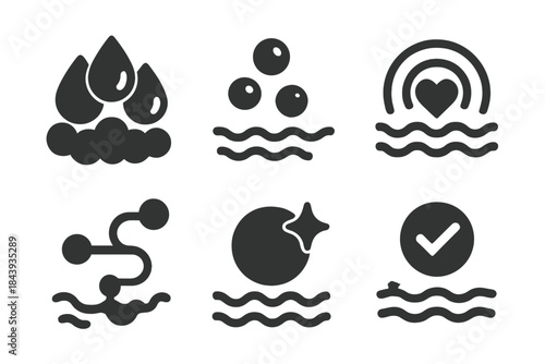 Water-Based Achievement Icons. Solid style icons of water-based achievement systems: sea foam markers, floating bubbles, pulse