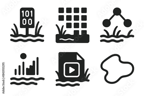 Wetland Digital Icons. Solid style icons of digital artifacts in wetlands: binary markers, pixel grids, swamp nodes, pulse