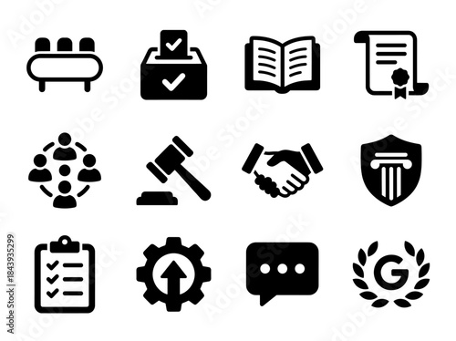 Collection of Icons Representing Law Justice Business and Governance Concepts.