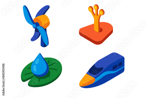 Biomimicry Innovations Icons. Isometric vector illustration set Biomimicry Innovations: Whale fin turbine blade, gecko-inspired