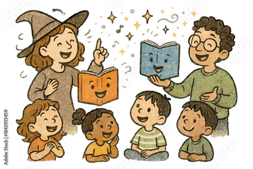 Magical Storytelling Workshop. Magical doodle storytelling workshop with cheerful teachers, cartoon books with faces, smiling