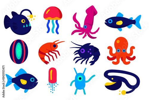 Bioluminescent Sea Icons. Flat vector icons of bioluminescent sea creatures: anglerfish, jellyfish, squid, lanternfish, comb jelly