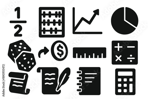Probability Icons. Solid style icons of calculating odds and probability: fraction, abacus, graph, pie chart, dice, coin flip,
