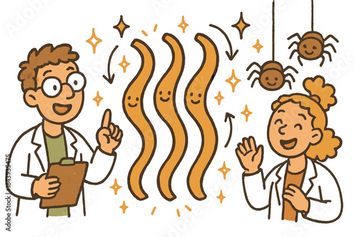 Biomimicry Bliss. Cheerful doodle biomimetic applications scene with happy researchers, cartoon synthetic silk fibers waving,