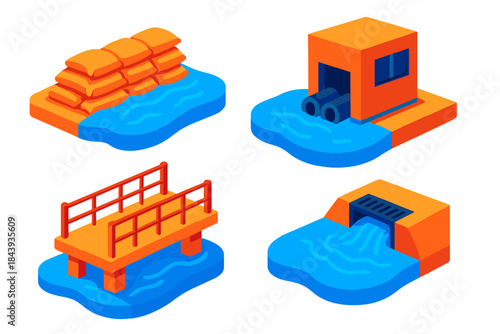 Urban Flood Defense Elements. Isometric vector illustration set Urban Flood Defense Elements: Sandbag barrier wall, pump station