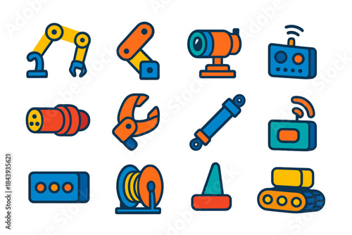 Submersible Robotics Icons. Flat vector icons of Submersible Robotics: manipulator arm, joint actuator, camera mount, servo motor,