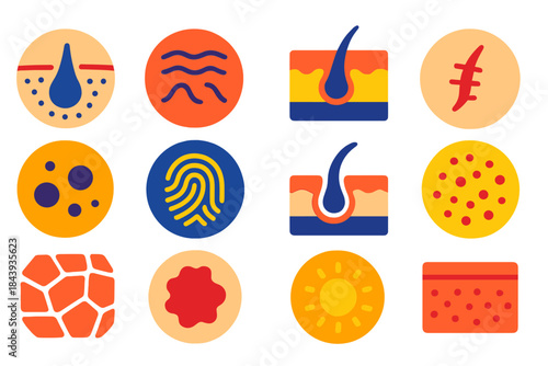 Skin Study Icons. Flat vector icons of Skin Study Motifs: pore detail, wrinkle pattern, cross-section layers, scar close-up, mole
