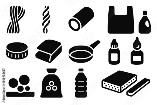 Synthetic Polymer Icons. Solid style icons of synthetic polymers: nylon fiber, polyester strand, PVC pipe, polyethylene bag,