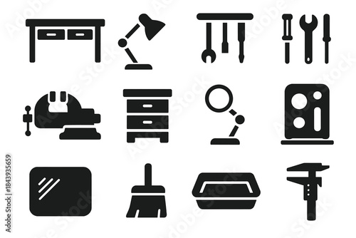 Workshop Icon Set. Solid style icons of Workshop setup: workbench, lamp, tool rack, vice clamp, storage drawer, magnifier stand,