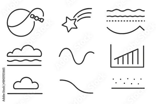 Atmospheric Layers Icons. Line style icons of atmospheric layers: thermosphere, mesosphere, stratosphere, troposphere; ozone layer