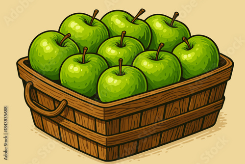 Green Apples Basket. Vibrant green apples arranged neatly in a rustic wooden vector illustration basket, sharp details and