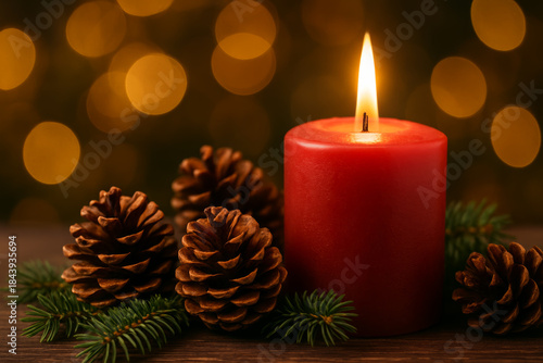  Red Christmas Candle with Pinecones and Warm Bokeh Lights