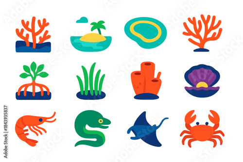 Vibrant Coral Icons. Flat vector icons of Coral Ecosystem: reef wall, lagoon, atoll, sea fan, mangrove roots, seagrass bed, sponge
