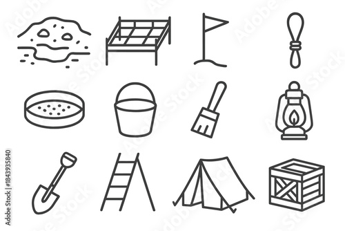 Archaeology Line Icons. Line style icons of field excavation: dig site, grid frame, stake, rope; sieve tray, bucket, brush,