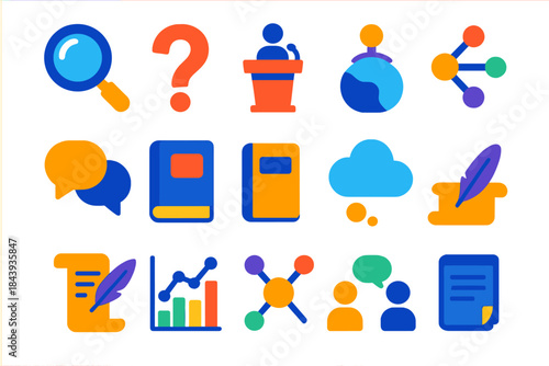 Philosophical Inquiry Icons. Flat vector icons of philosophical inquiry tools: magnifying glass, question mark, lecture podium,