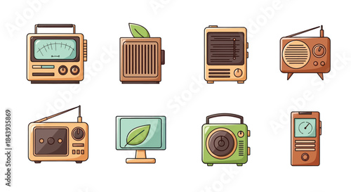 Collection of electronic devices radios speakers and monitors in vector style