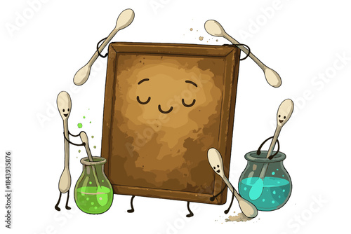 Canvas Cleaning Delight. Cleaning session with playful cotton swabs, glowing solvents, and an old canvas sighing with relief No