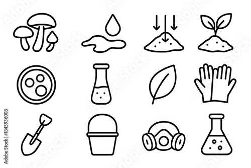 Eco-Remediation Icons. Line style icons of Eco-Remediation: Fungi, Oil Spill, Contaminant Absorption, Soil Recovery; Petri Dish,