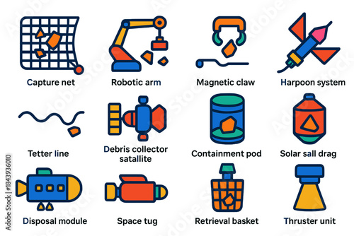 Space Cleanup Icons. Flat vector icons of Space Cleanup Concepts: capture net, robotic arm, magnetic claw, harpoon system, tether