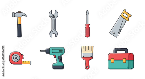 Collection of hand tools on white background hammer wrench and more