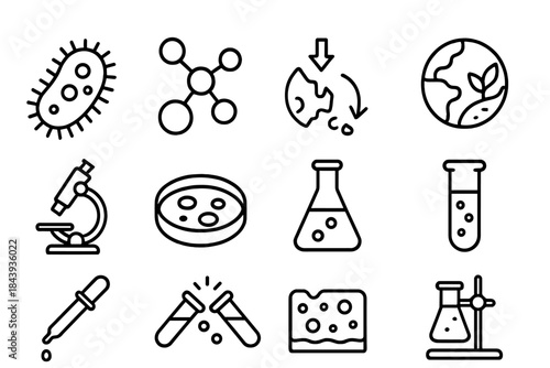 Bioremediation Icons. Line style icons of Bioremediation Research: Bacterium, Polymer Molecule, Breakdown Process, Environmental