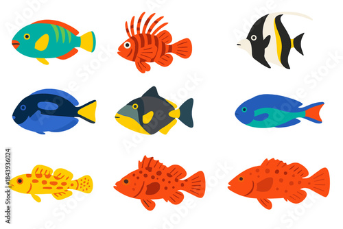 Tropical Fish Icons. Flat vector icons of tropical fish: parrotfish, butterflyfish, lionfish, Moorish idol, surgeonfish,