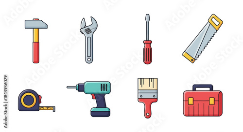 Collection of hand tools on white background for construction and repair