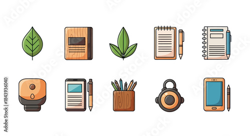 Collection of icons illustrating office supplies and natural elements