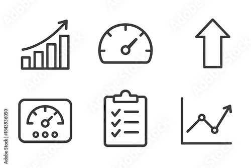 Performance Metrics Icons. Line style icons of Performance Metrics: rising bar graph, speedometer gauge, progress arrow,