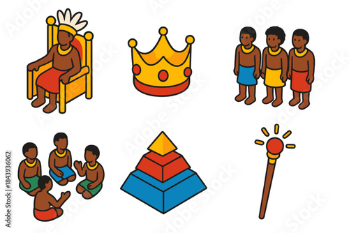 Tribal Leadership Hierarchy. Isometric vector illustration set Social Hierarchies: tribal chief throne, crown symbol, villagers,