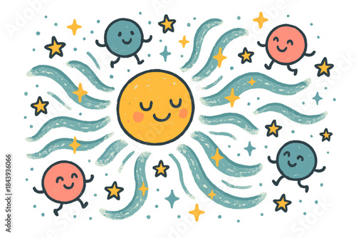 Magical Higgs Boson Dance. Magical doodle Higgs field with a smiling Higgs boson, cartoon particles gaining happy mass, sparkling