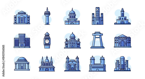 Collection of illustrated buildings icons on white background vector design