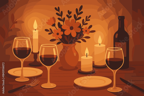 Candlelit Dinner Atmosphere. Atmospheric shot of a cozy candlelit dinner table with wine glasses and flowers, warm ambient