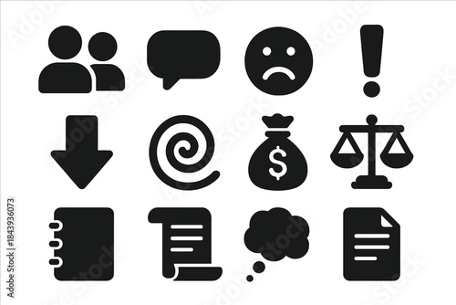 Social Impact Icons. Solid style icons of public perception and social impact: human silhouettes, speech bubble, sad face,