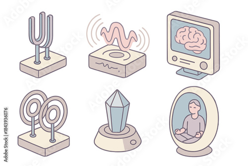 Thought Resonance Devices. Isometric vector illustration set Thought Resonance Device: tuning forks, sound wave emitters,