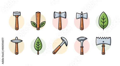 Collection of illustrated gardening tools and green leaves icons