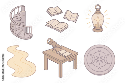 Forgotten Astral Library. Isometric vector illustration set Forgotten Astral Library: spiral staircase, floating manuscripts,