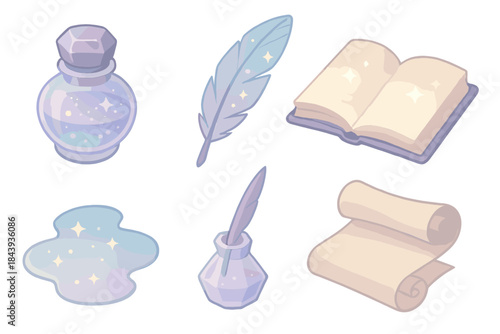 Celestial Writing Tools. Isometric vector illustration set Liquid Starlight Manuscript: glowing ink bottle, celestial quill, open