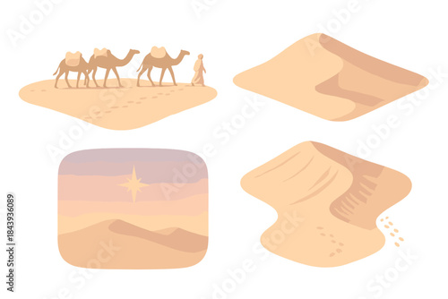 Nomadic Twilight Journey. Isometric vector illustration set Nomad’s Horizon: distant caravan, gentle dune slopes, warm twilight