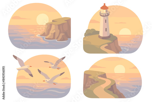 Cliffside Sunset Serenity. Isometric vector illustration set Ocean Cliff Sunset: rocky seaside cliffs, glowing orange horizon,