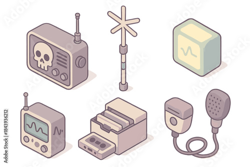 Signal Rebellion Gear Icons. Isometric vector illustration set of Signal Rebellion Gear: skull-marked radio, antenna staff,