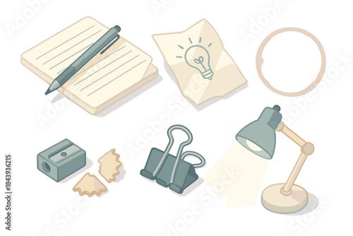 Creative Note Icons. Isometric vector illustration set of Creative Note Archive: pen on lined paper, folded sketch idea, coffee